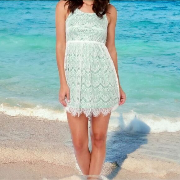 Lulus Others Follow Lana Mint and White Lace Dress Sleeveless Stretch Knit Mini - Picture 4 of 16